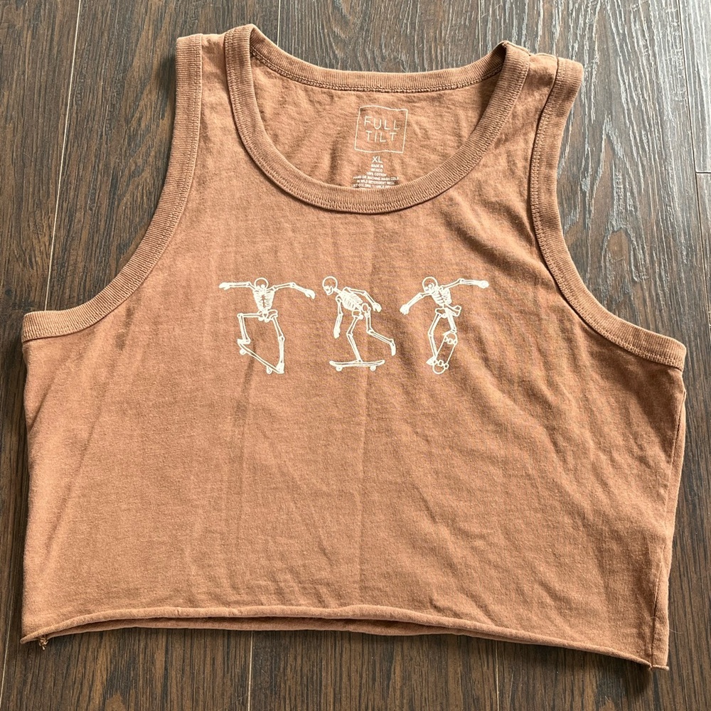 Full Tilt Rust Brown Cropped Tank with White Skate Skeleton Graphic